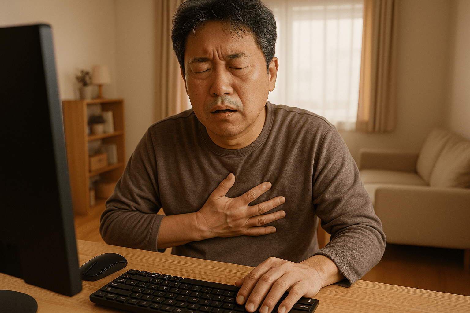 컴퓨터 앞에서 가슴을 부여잡고 통증을 느끼는 중년 한국 남성(호흡이 힘든 표정, 실내 거실 배경)
