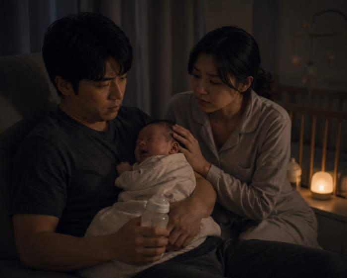 “분유를 들고 아기를 안고 있는 아빠와 걱정스럽게 바라보는 엄마 모습”