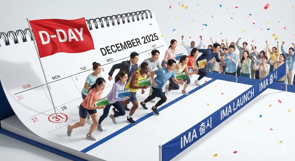 12월 달력에 'D-Day'가 표시되어 있고, 출발선에서 '예금 통장'을 들고 'IMA'로 갈아타려고 준비하는 사람들의 모습