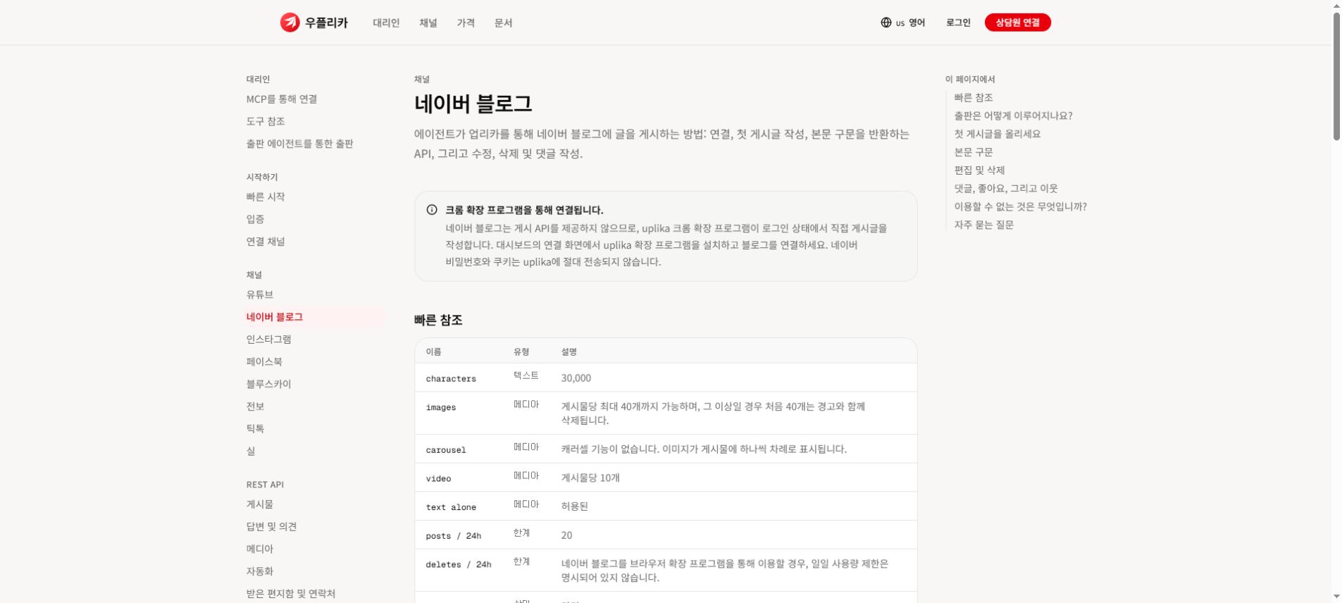 Uplika 네이버 블로그 연동 문서와 지원 항목을 보여주는 화면