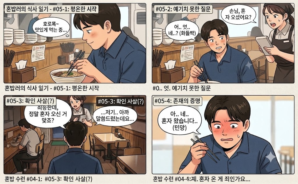 식당 안에서 남성 주인공이 혼자 테이블에 앉아 식사를 하던 중, 직원이 다가와 "혼자 오셨어요?"라고 거듭 확인하자 당황하고 머쓱해하며 얼굴이 붉어진 채 땀을 흘리는 4칸 만화 장면