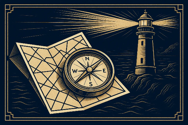 나침반과 지도, 등대가 함께 있는 복고풍 항해 일러스트 — 방향과 회복 여정을 상징함
