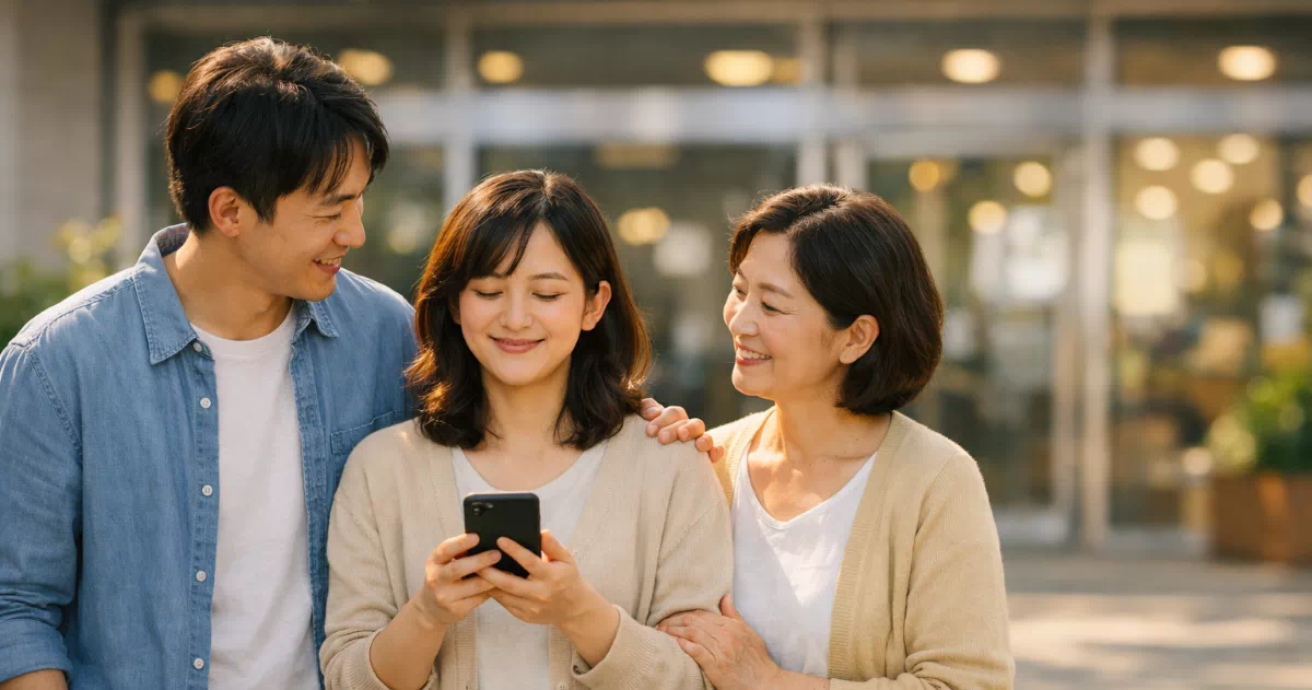 생계급여 재신청을 마치고 복지관 앞에서 가족과 함께 안도의 미소를 짓는 장면