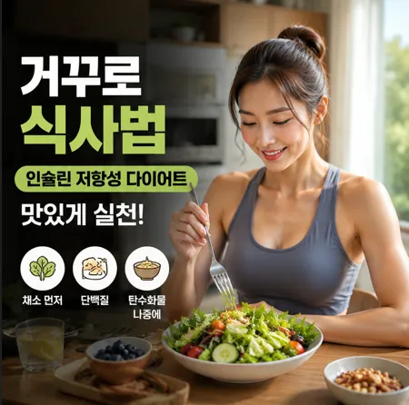 거꾸로 식사법을 적용하여 인슐린 저항성 다이어트 식단을 맛있게 먹고 있는 모습