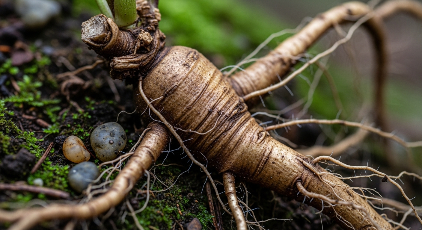 깊은 숲속 토양에 박혀있는 자연산 산삼 뿌리의 섬세한 모습