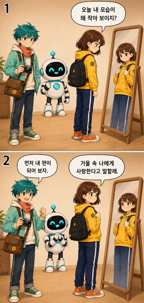거울 속 자신을 바라보며 나를 사랑하는 방법을 생각하는 달리와 스티미 AI 웹툰