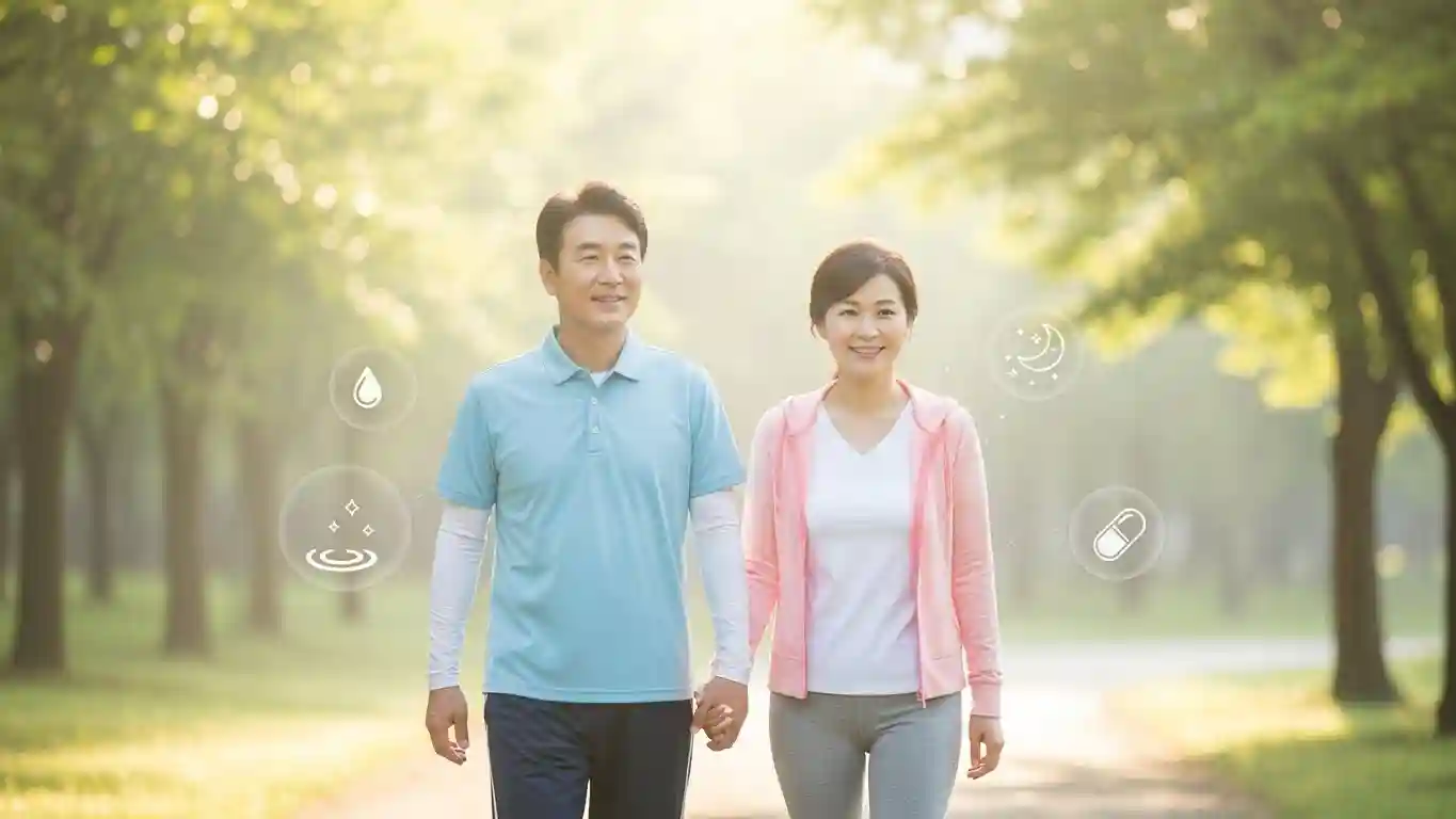 콜라겐 섭취와 생활습관 관리(식단&middot;운동&middot;수면)를 함께 하는 중년 남녀 이미지