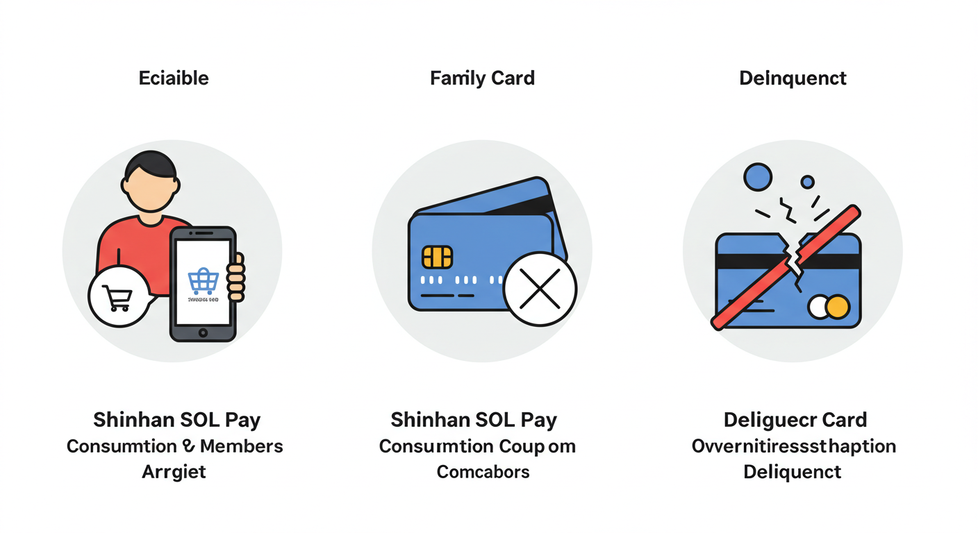 신한 SOL페이 소비쿠폰 신청 대상(성인 신한카드 회원)과 불가 조건(가족카드, 연체)을 나타내는 아이콘