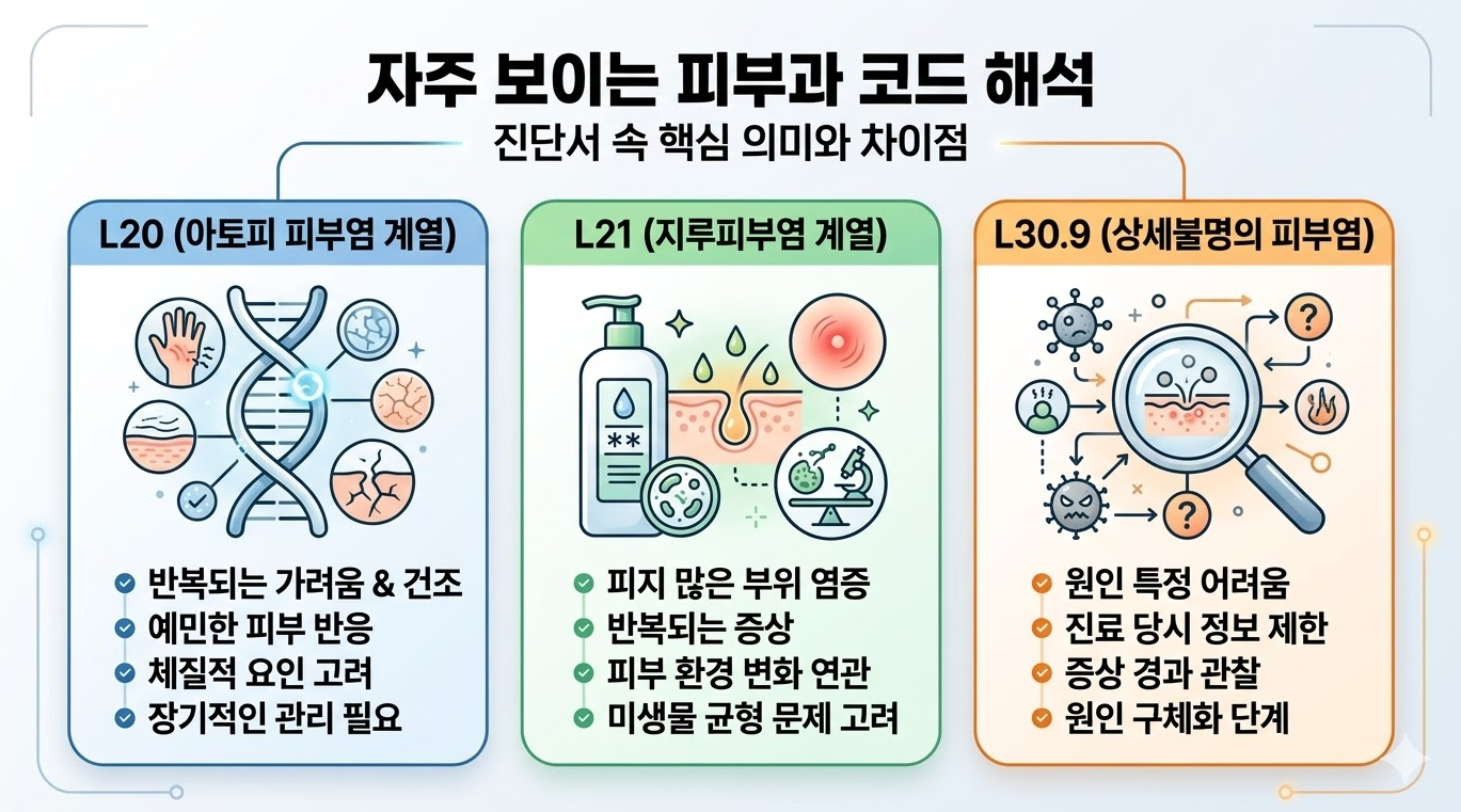 피부과 진단서에서 자주 보이는 L20 L21 L30.9 코드 차이와 의미
