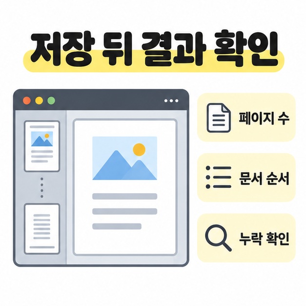 저장된 PDF를 연 설명용 뷰어 옆에 페이지 수, 문서 순서, 누락 확인 항목을 배치한 결과 점검 안내