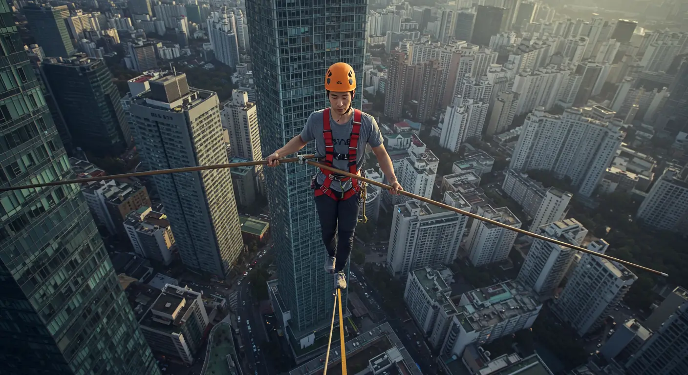 무자본 주택 구입의 위험성을 인지하고 외줄타기처럼 신중하게 접근하는 모습