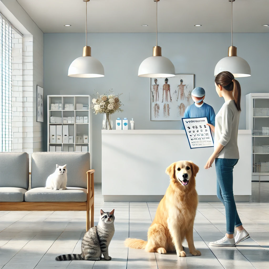 동물병원 젒수대에 대기하고 있는 반려동물들