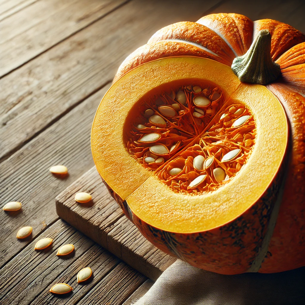 반으로 자른 호박이 나무 테이블 위에 놓여 있으며, 속의 씨앗과 선명한 주황색 과육이 보이는 이미지.