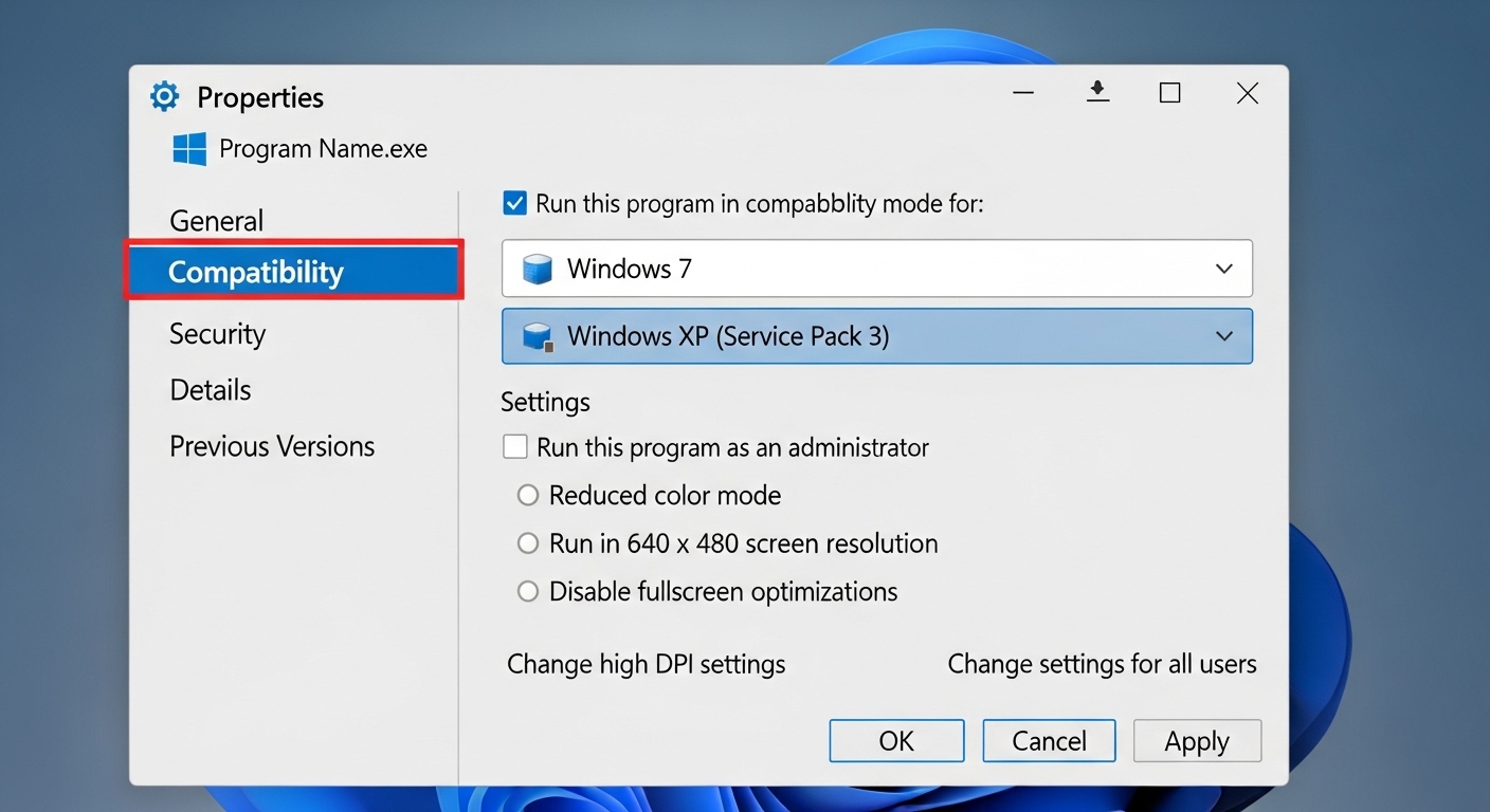 Windows 프로그램 속성 창의 호환성 탭, Windows 7 호환성 모드와 관리자 권한으로 실행 옵션이 선택된 화면