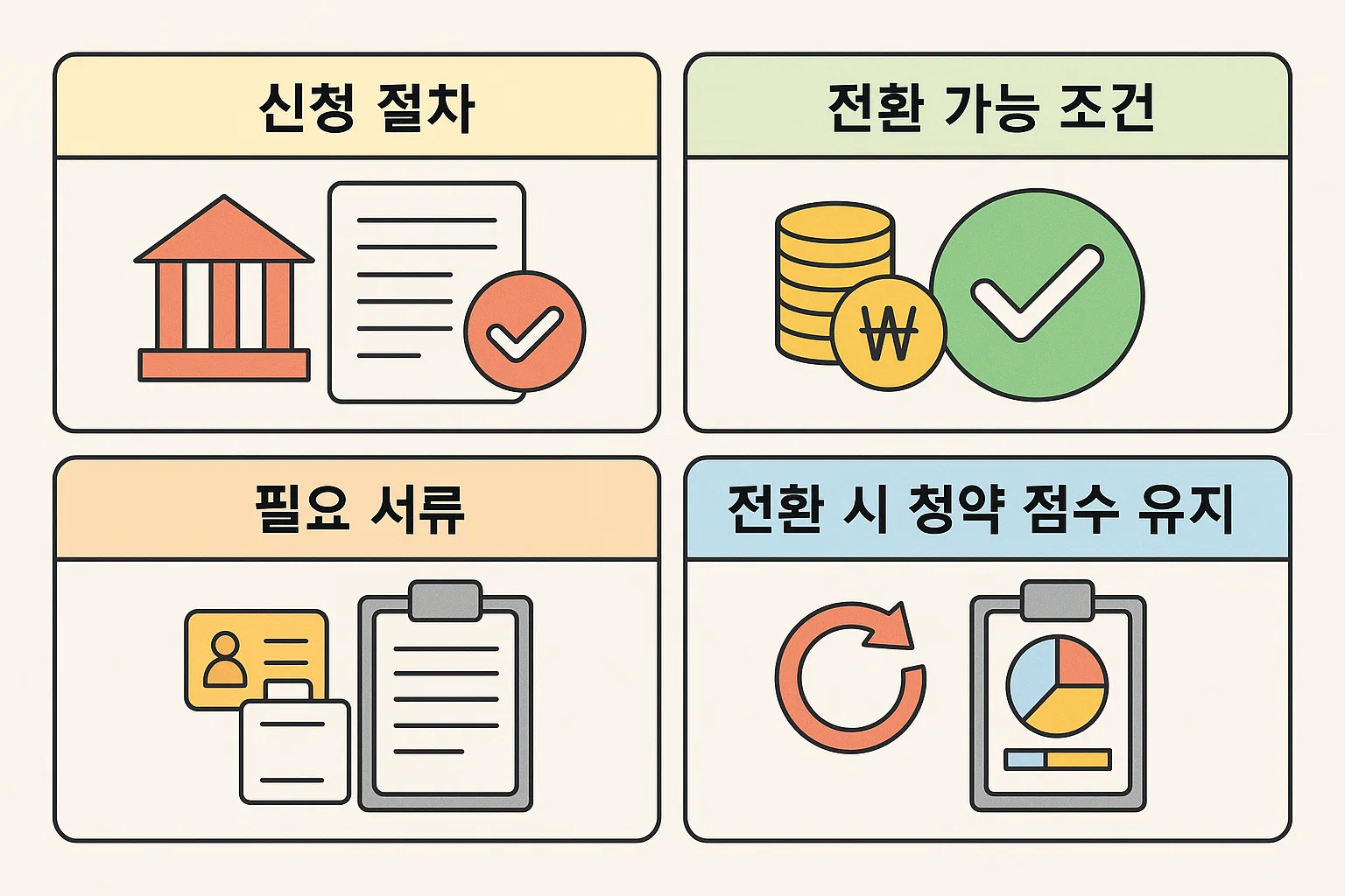 청년 주택드림 청약통장 신청 절차, 전환 가능 조건, 필요 서류, 청약 점수 유지 기준을 단계별로 보여주는 인포그래픽. 청약 전환 시 유의사항과 절차를 쉽게 이해할 수 있게 구성됨.