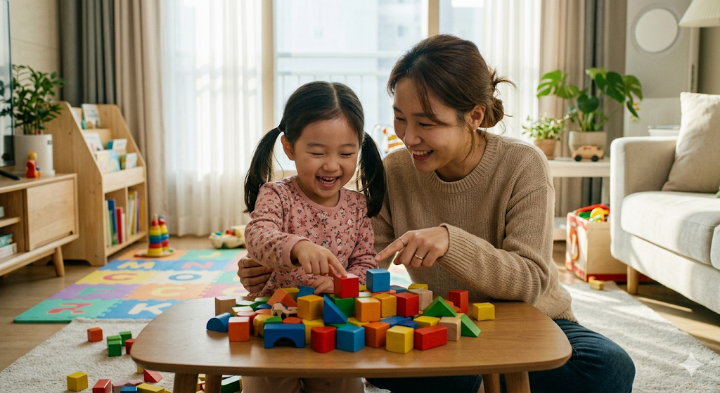 아이가 엄마와 블록놀이를 하며 수 개념을 익히는 모습