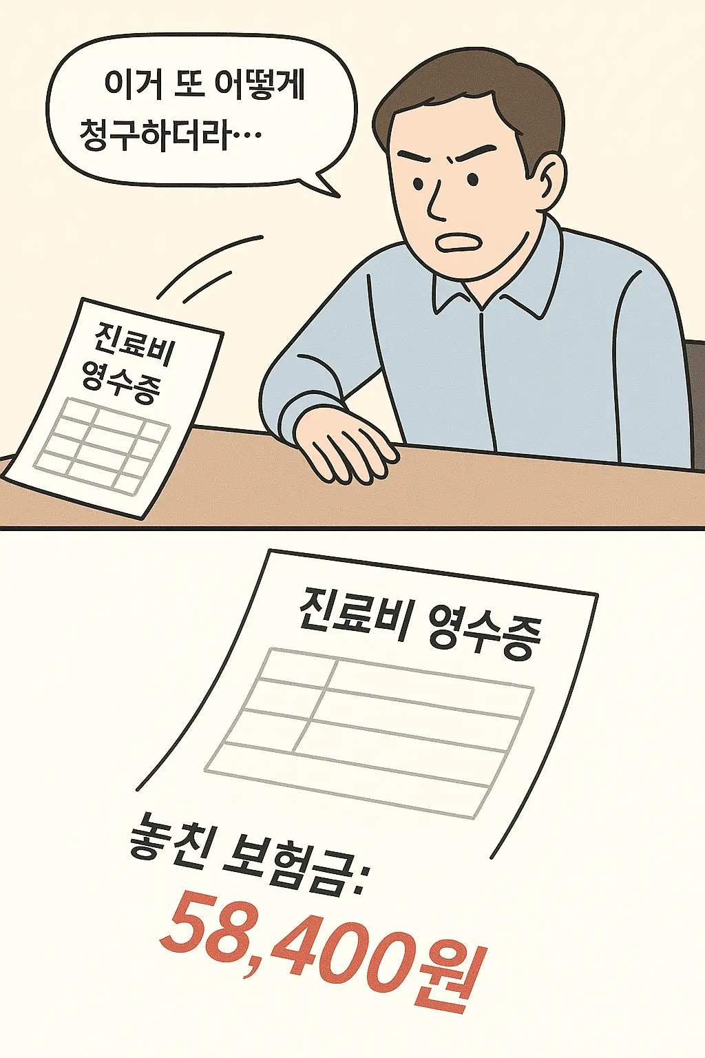 보험금 청구가 귀찮아 포기하고, 놓친 보험금을 후회하는 모습