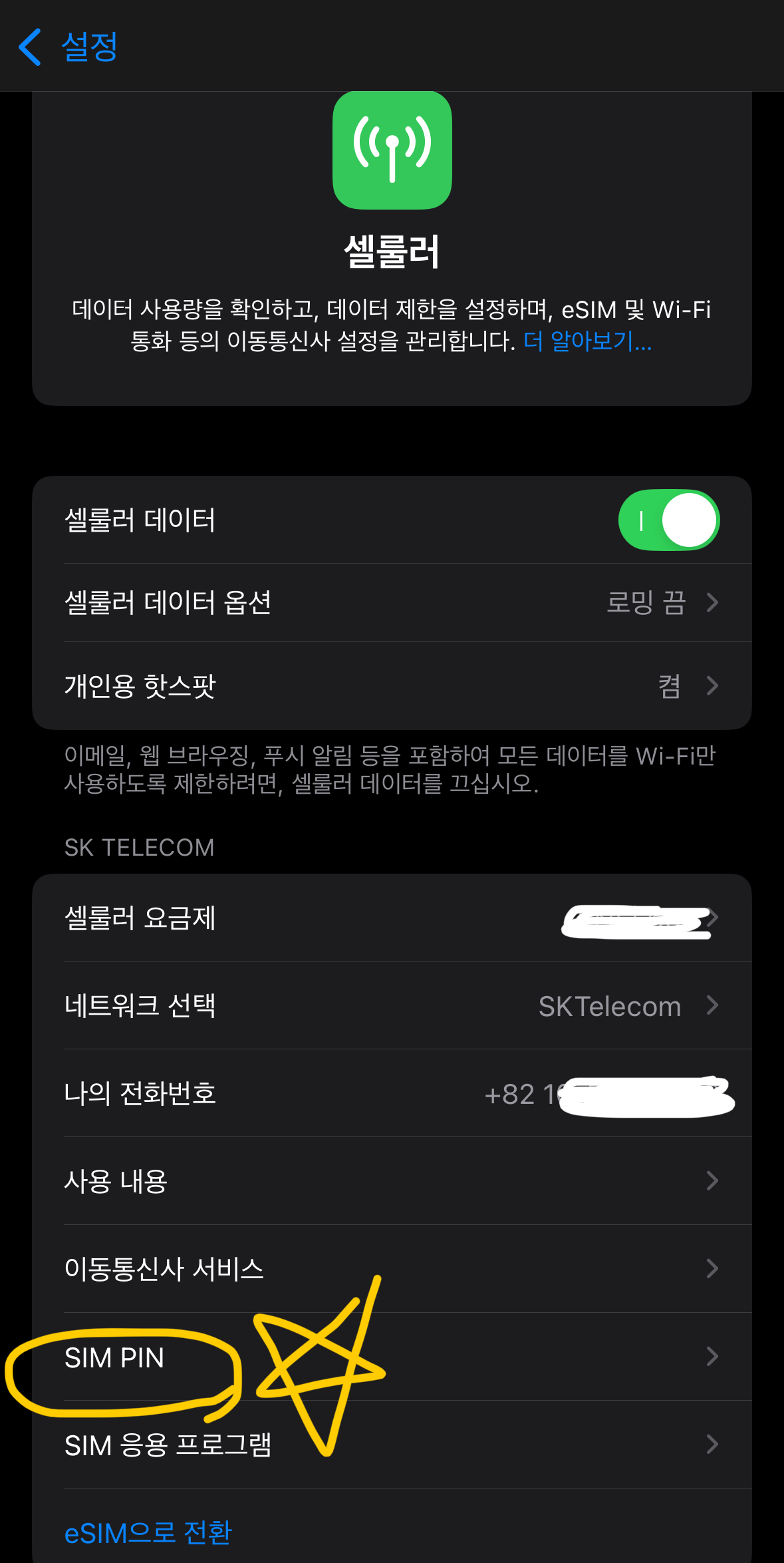 유심 비밀번호 설정