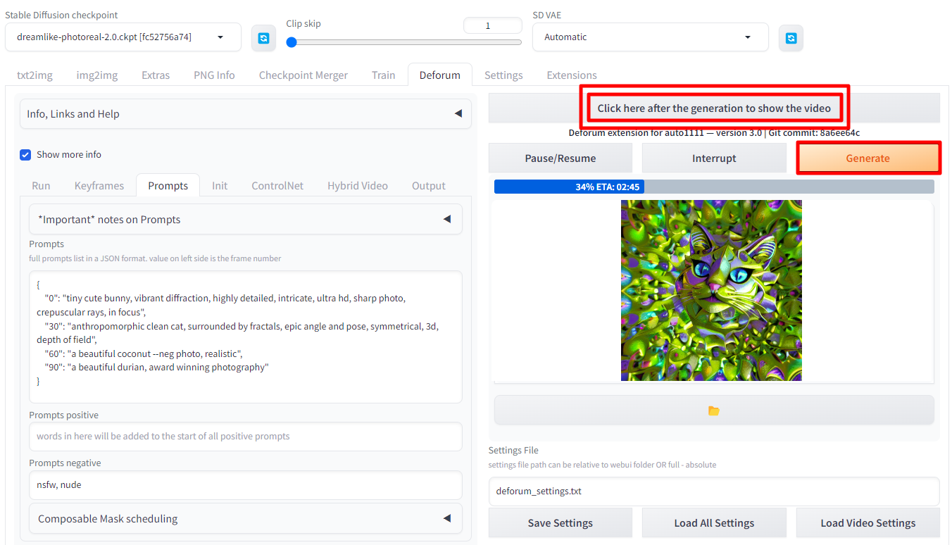 Deforum 비디오 생성 버튼