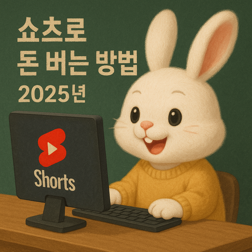 쇼츠로 돈 버는 방법으로 컴퓨터하고 있는 신난 토끼