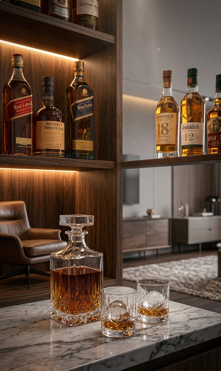 은은한 간접 조명이 비추는 원목 술장에 정갈하게 진열된 위스키 병들과 세련된 홈바 인테리어의 세로형 이미지.