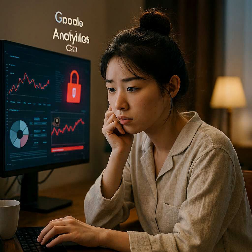 A Korean woman in casual homewear looking concerned while analyzing Google Analytics GA4 data on a computer screen with charts and a red padlock icon
