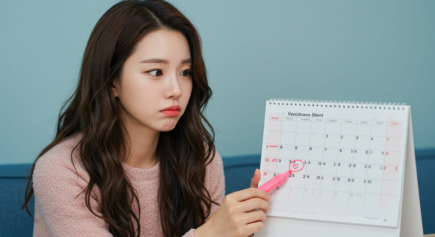 예방접종 일정 확인하는 한국인 여성
