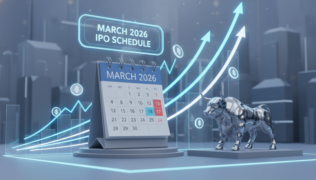 2026년 3월 대어급 공모주 청약 일정표 및 증거금 계산을 나타내는 캘린더와 상승장 3D 그래픽 이미지