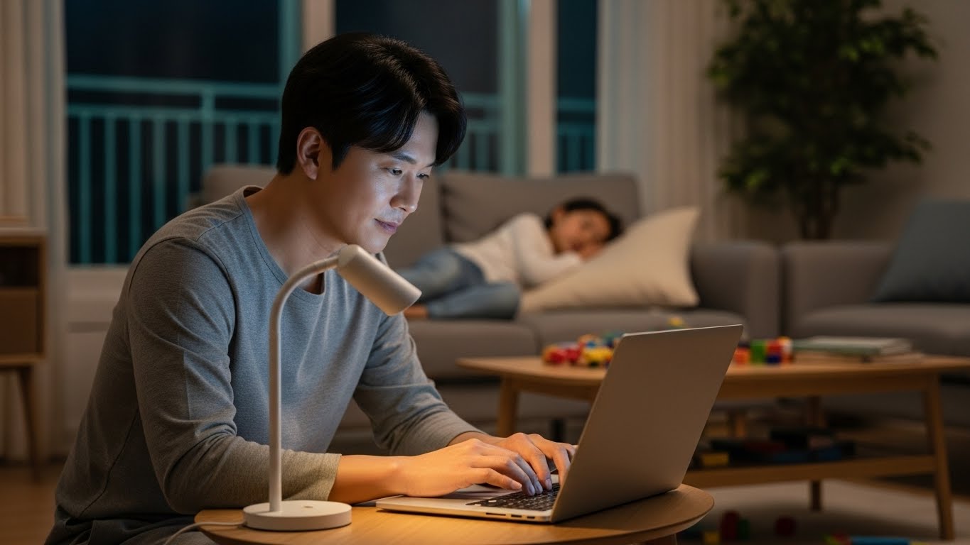 퇴근 후 시간을 쪼개어 가족을 위한 추가 수익을 만들기 위해 전자책을 집필하는 한국 가장의 모습