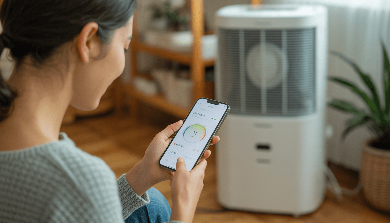 제습기를 가동하며 스마트폰 앱으로 실시간 전력 소모를 확인하는 모습
