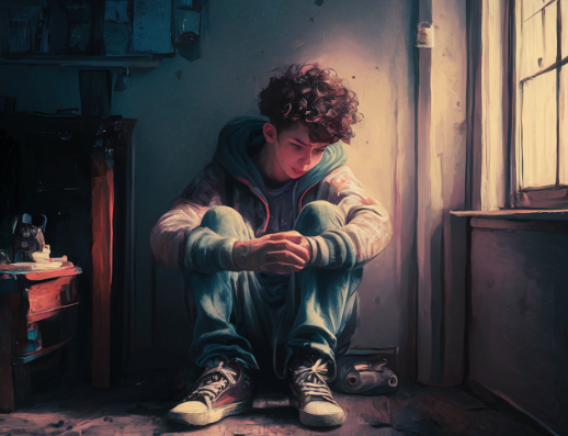 학교 폭력 상담 (심리 치료, 회복 과정, 또래 지지), 한 소년이 우울한 표정으로 구석에 앉아 있는 사진