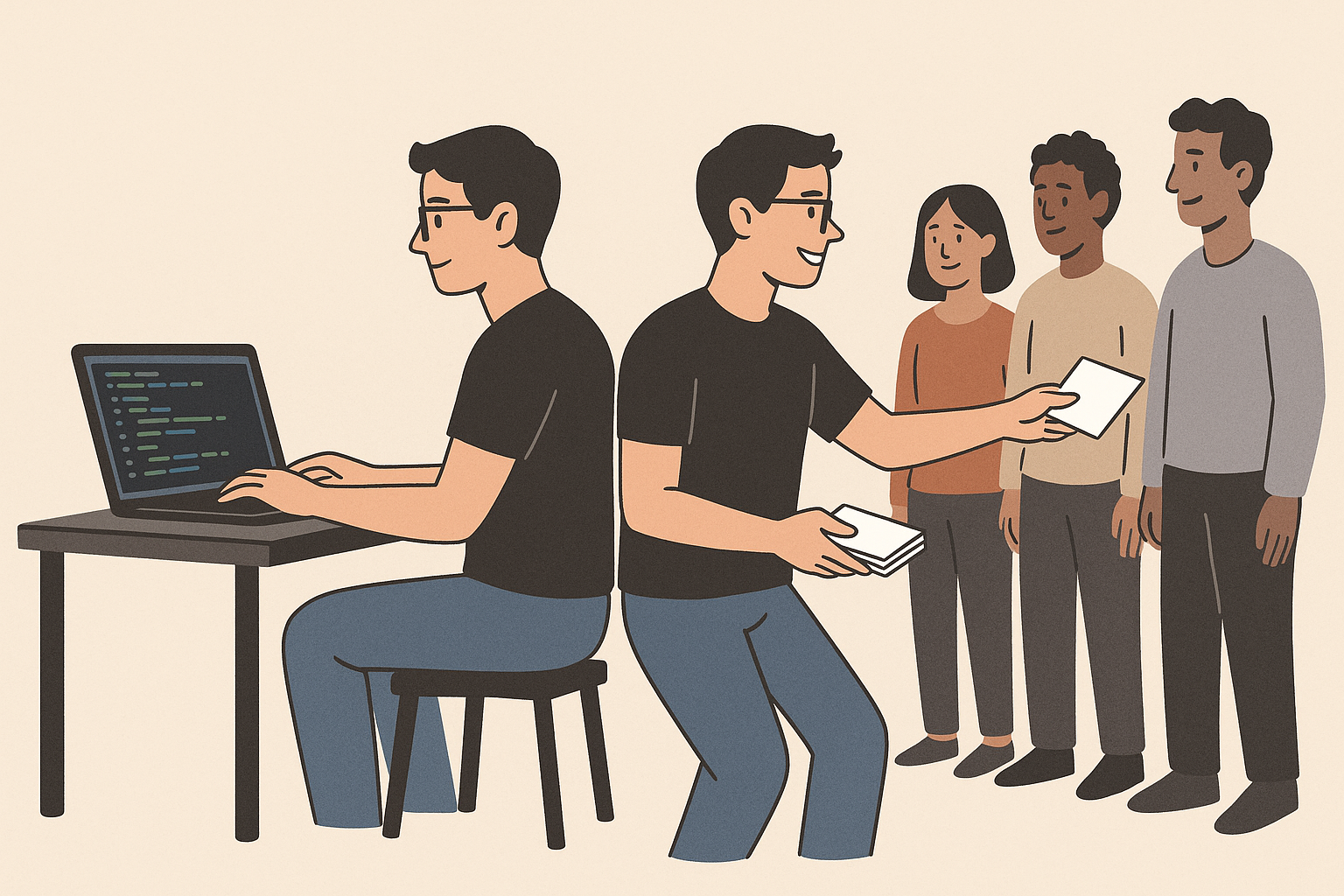 개발도 하면서 사람들에게 홍보를 하는 남자 일러스트