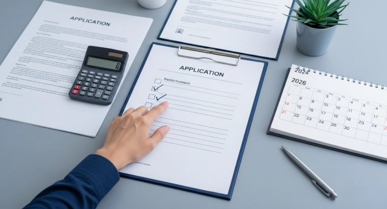 정돈된 책상 위에 놓인 신청 서류, 펜, 계산기, 2026년 달력. 장애인 연금 신청 준비 과정을 차분하고 체계적으로 보여줍니다.