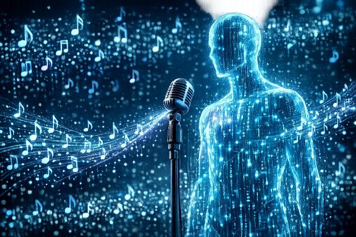 실제 보컬 없이 데이터만으로 가이드 녹음을 완성하는 AI 보이스 컨버전 기술 시각화.