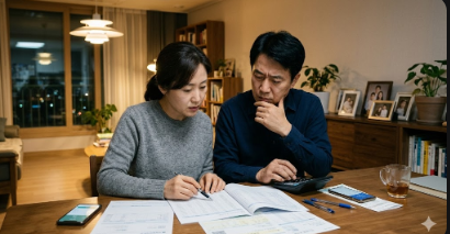 집 식탁에 앉아 부동산 관련 서류와 계산기를 두드리며 자금 계획을 세우는 40대 부부