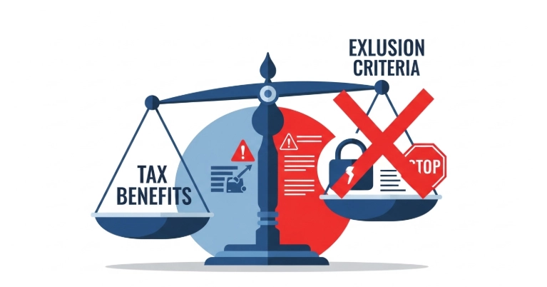 세금 혜택과 제외 기준이 불균형하게 놓인 저울 그림. ISA 계좌 혜택을 받지 못하는 상황을 경고하고 있습니다.