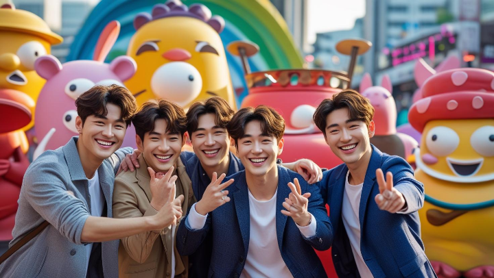 부산 BIFF 광장에서 관광객들이 영화제 관련 조형물 앞에서 즐겁게 사진을 찍고 있는 모습.