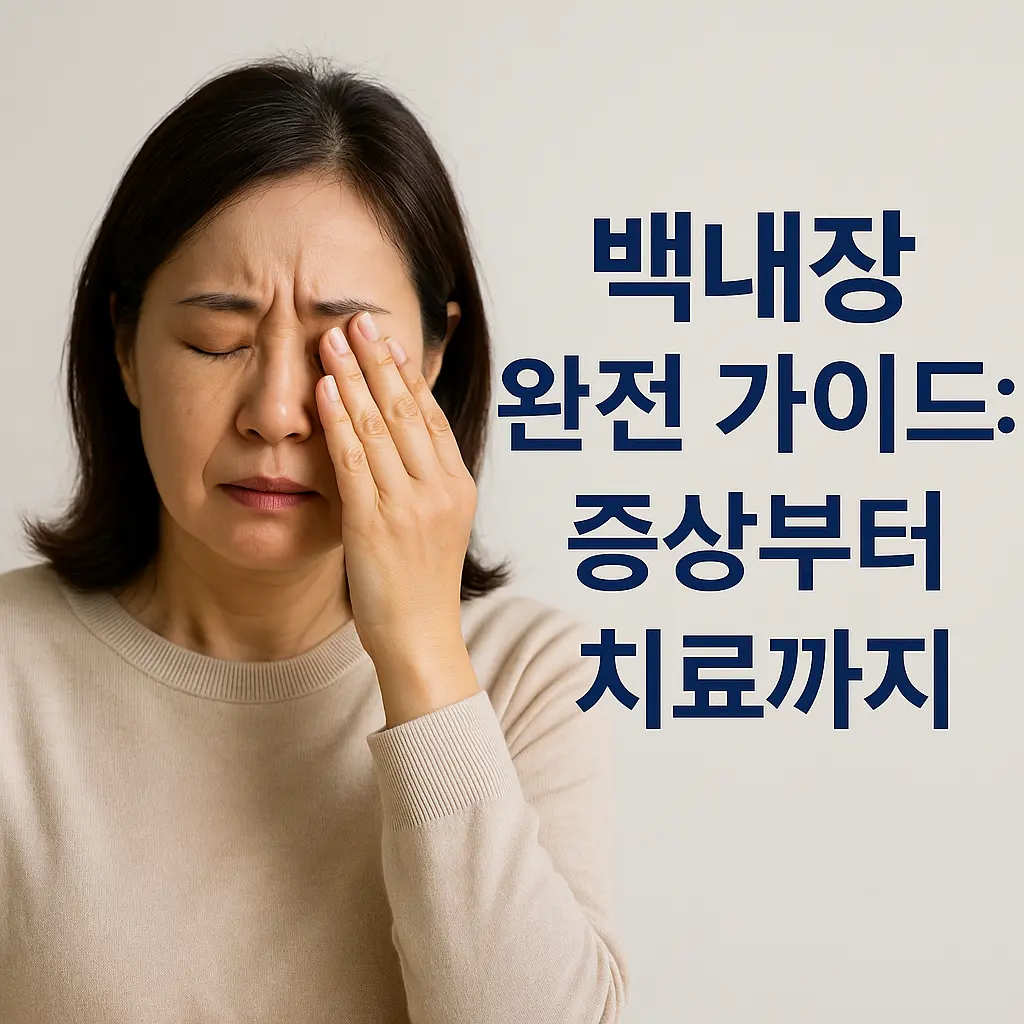 한쪽 눈을 감싸며 눈의 통증을 호소하는 중년 여성과 함께 '백내장 완전 가이드: 증상부터 치료까지'라는 텍스트가 포함된 이미지
