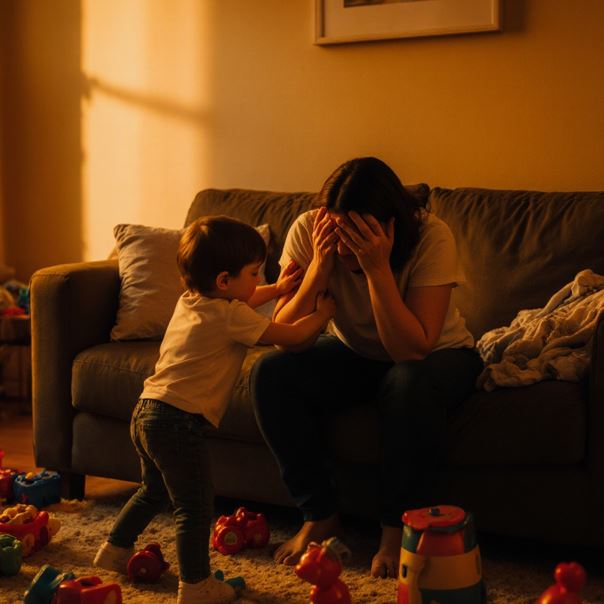 소파에 앉아 약간 지쳐 보이는 엄마를 안아주는 아기의 모습