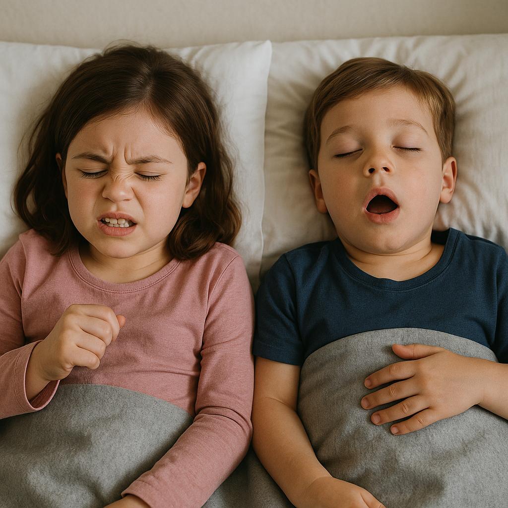 이갈이 중인 여자아이와 코를 고는 남자아이가 나란히 침대에 누워 자고 있는 사진