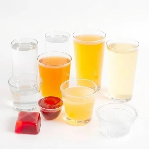 맑은 물, 이온 음료, 건더기 없는 맑은 육수, 투명한 젤리(빨간색, 보라색 제외), 투명한 사과 주스 등이 투명한 컵이나 그릇에 담겨 정갈하게 놓여 있습니다. 전체적으로 깔끔하고 단순한 이미지를 연출합니다.