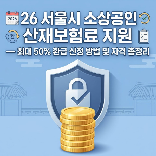 2026년 서울시 소상공인 산재보험료 지원 사업 안내 썸네일 이미지. 1인 자영업자 및 소상공인을 대상으로 최대 5년간 납부 보험료의 30%에서 50%까지 환급해주는 제도의 혜택, 신청 기간, 가입 절차를 설명하고 있습니다.