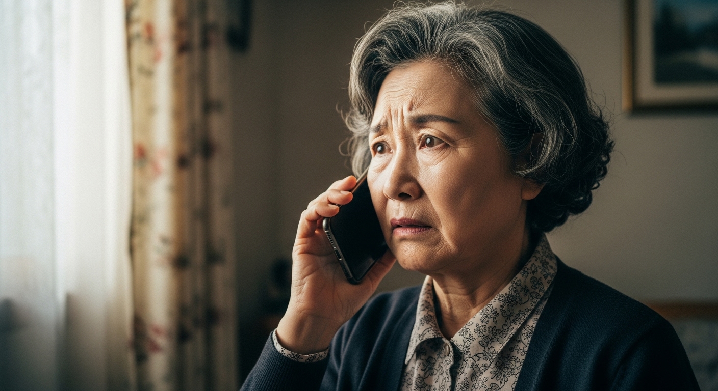보이스피싱 의심 전화를 받고 경계하는 60대 시니어