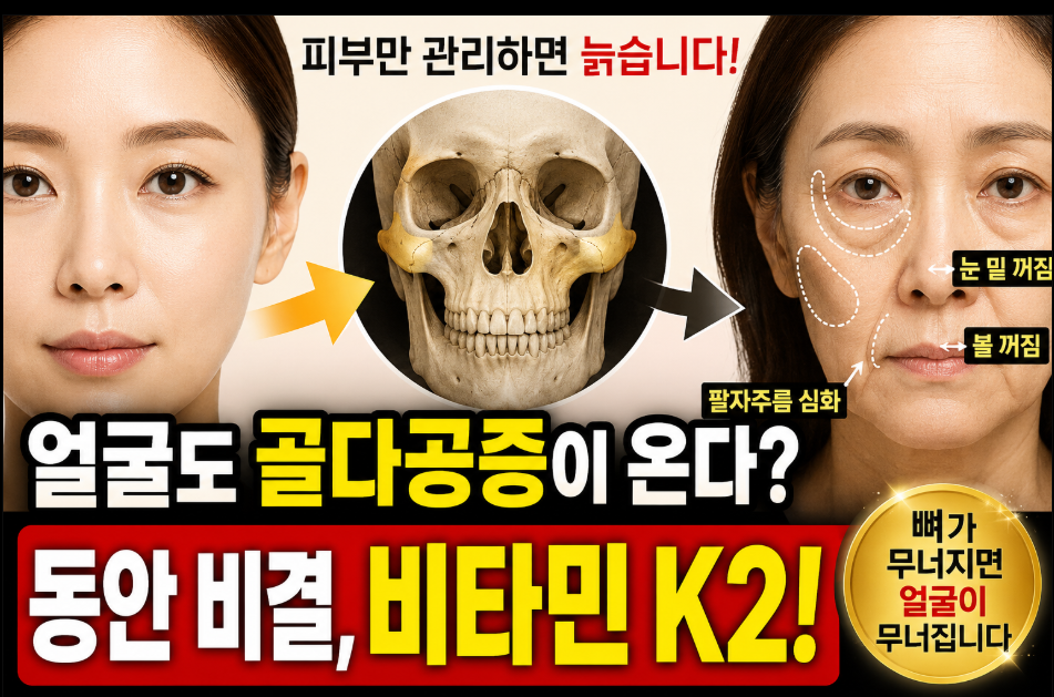 비타민 K2가 얼굴 뼈의 골밀도를 유지하고 건강한 동안 인상을 돕는 원리를 설명하는 이미지