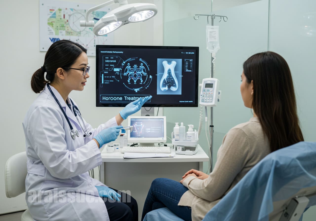 호르몬 억제제를 설명하는 의사와 치료를 받는 여성. 현대적인 병원 실내에서 의사가 디지털 화면을 통해 호르몬 치료 효과를 설명하고 있으며, 치료를 받는 환자가 집중하고 있는 모습. 배경에는 현대식 의료 기기들이 보인다.
