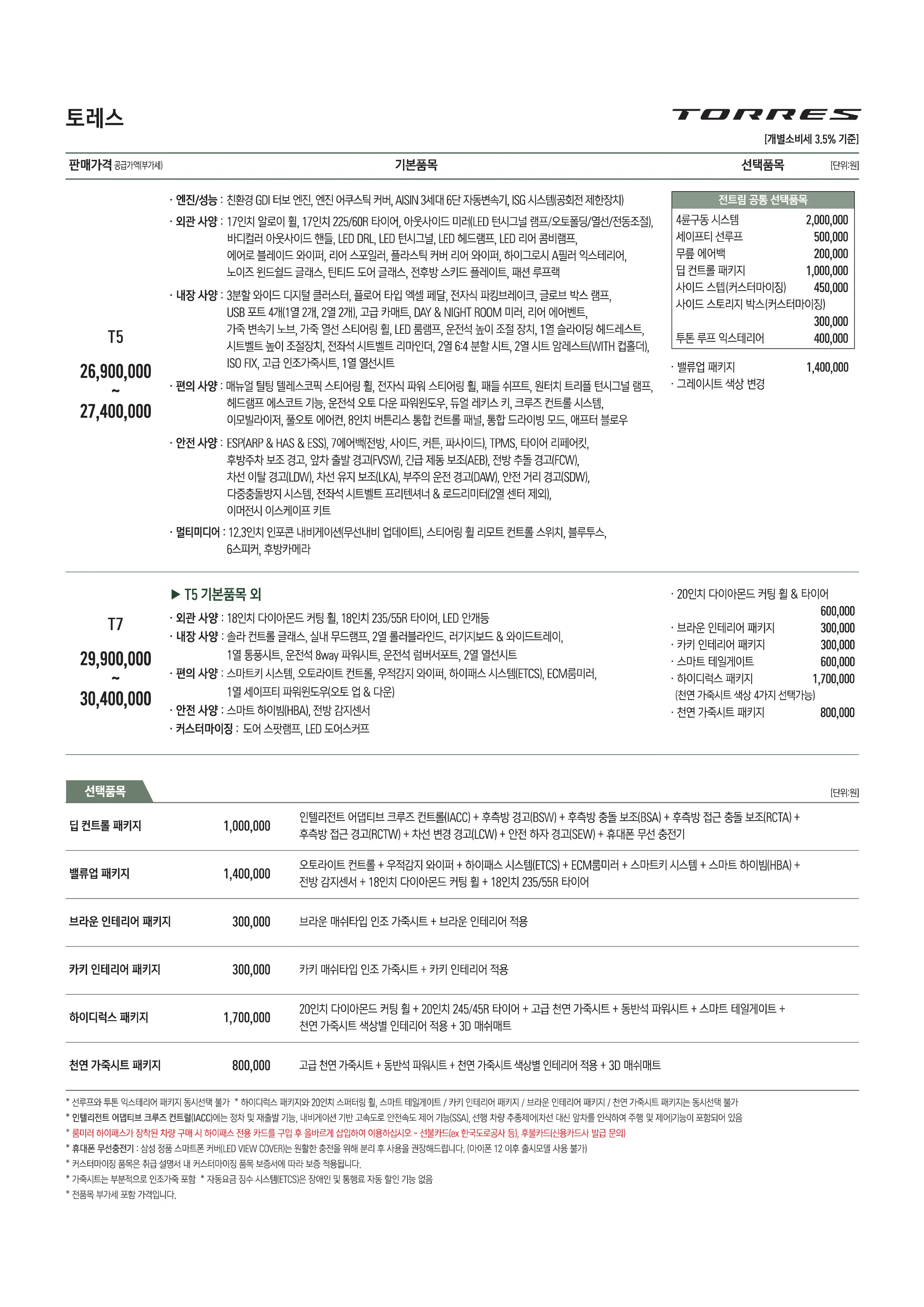 토레스 가격표
