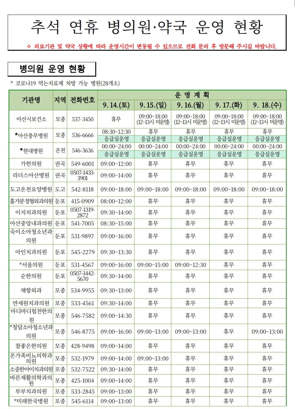 아산 추석 명절 연휴 문여는 병원 약국 바로보기