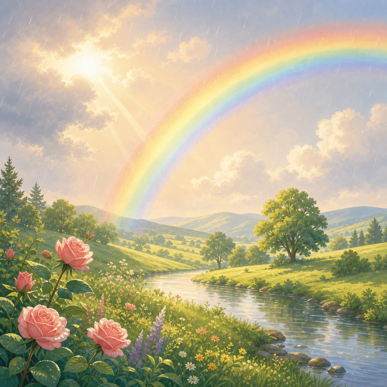 A rainbow appearing after rain in a bright sky