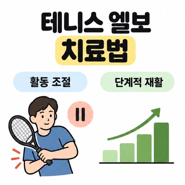 테니스 엘보 치료법 제목 아래에 활동 조절과 단계적 재활을 라켓을 든 사람, 일시정지 표시, 점차 높아지는 막대로 나타낸 이미지