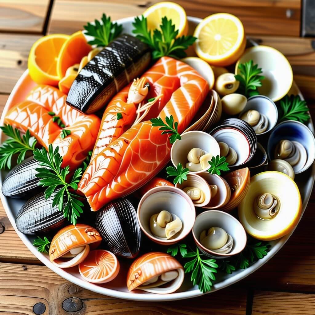 다양한 수산물이 풍성하게 담긴 사진 (활어, 조개, 해산물 모듬)